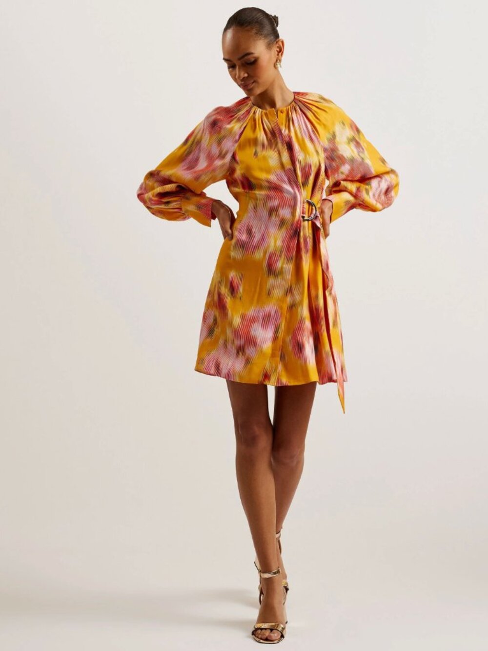 TED BAKER Akemi Blurred Floral Mini Wrap Belt Dress Orange Pink Sz 2/US 6 ($295)